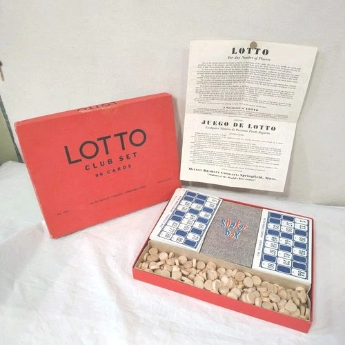 Lotto Club Set Bingo Game 96 Cards Vintage Milton Bradley Wood Wooden Markers
