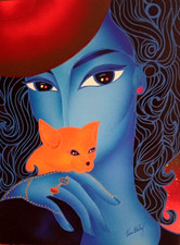 Kino Mistral "Lady with Cat" dipinto su tela 40x30+COA