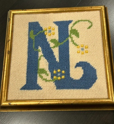 Vintage Finished Framed Needlepoint Blue Initial ''N''  Monogram 1970s
