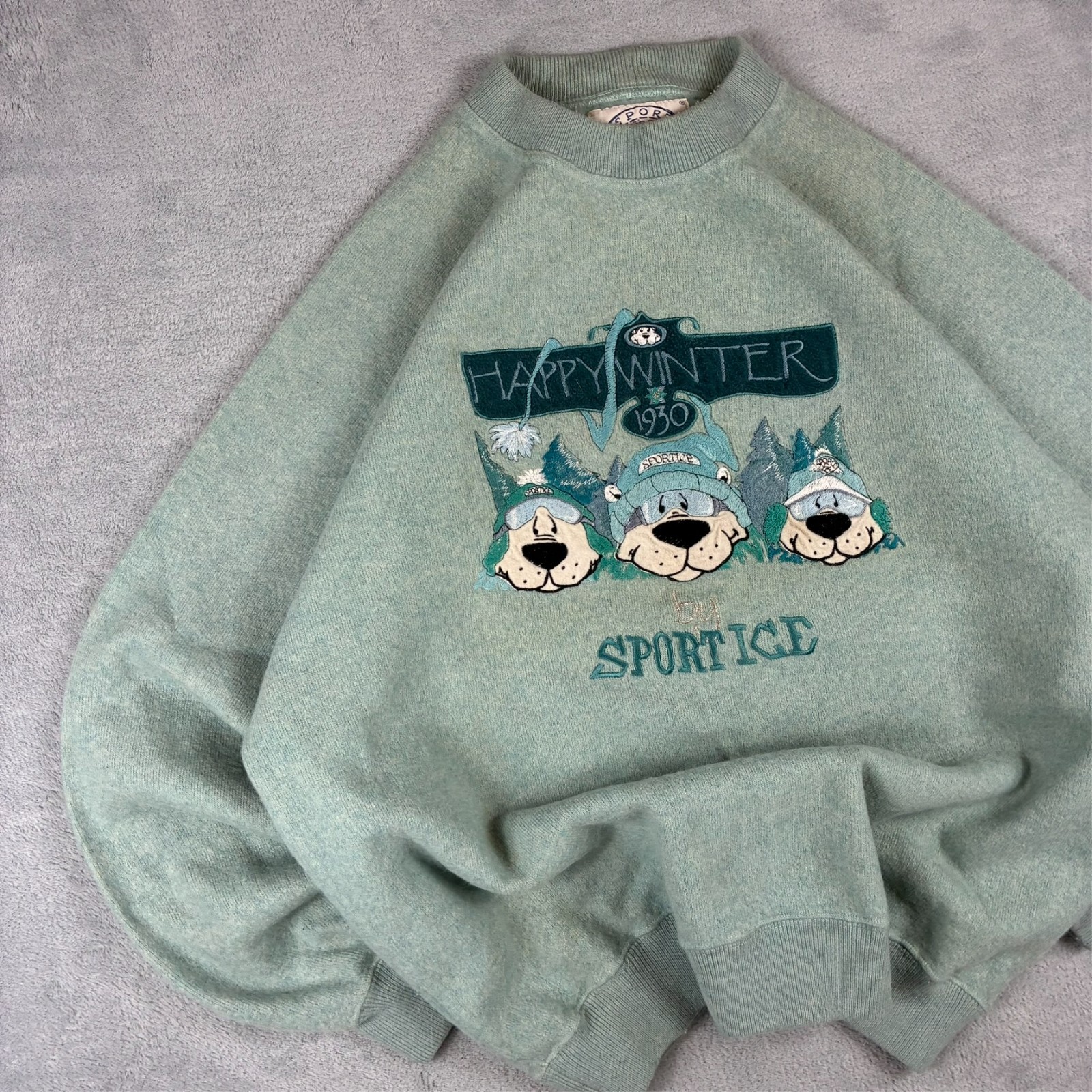 Vintage Iceberg Sport Ice 90's Sage Green Happy Winter Graphic Large Knit Jumper image 2