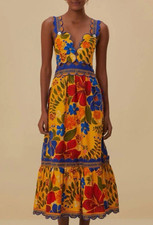 π$285 FARM RIO FLORAL YELLOW YARD SLEEVELESS CUTOUT MIDI DRESS SZ LARGE NEW