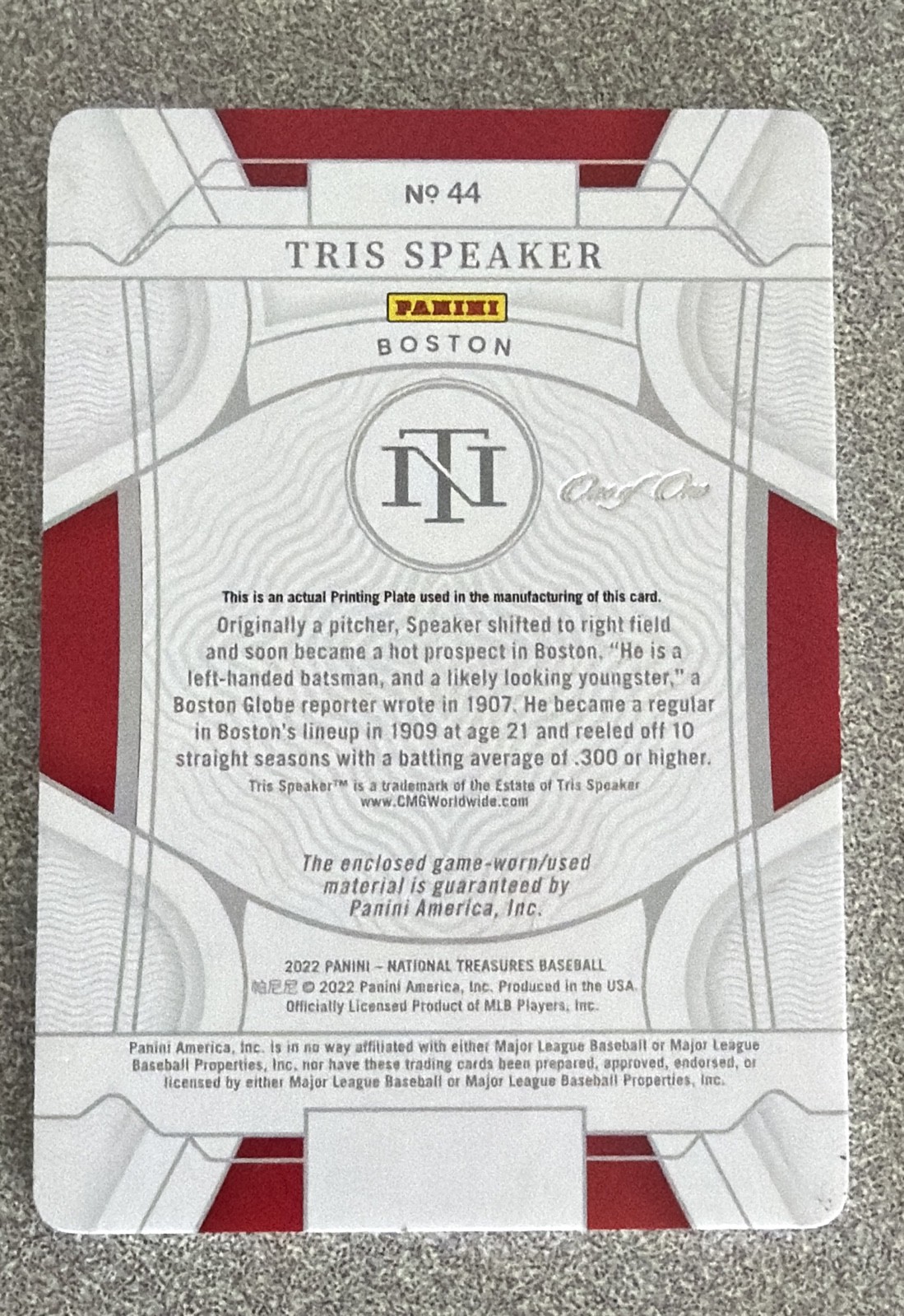 2022 Panini National Treasures - Tris Speaker #44 1/1 Relic Printing Plate (MEM) view 2