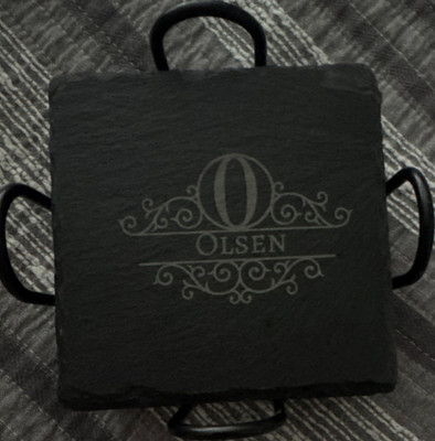Black Slate Square Coasters Set of 6 w/ Metal Holder, Solid Modern Customized