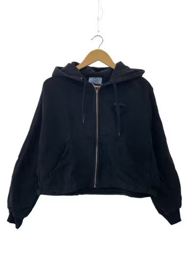 PRADA Triangle Cropped Zip-Up Hoodie/ Size Small/ Cotton/ Black/ 138590