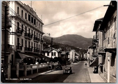 Alassio Italy Via Aurelia Street Scene Buildings Cars 1940 RPPC Postcard