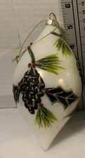 Glass Christmas Ornament Pinecone Holly Design Hand Painted 5