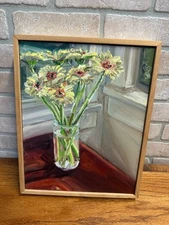 Gerber Daisies Primitive Style Artist Painting Artwork Canvas Framed Sherrod Bla