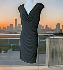 Lauren Ralph Lauren Dress 12 Black Ruched Faux Wrap Sheath Cap Sleeve Cocktail