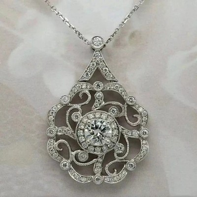 2,80ct runder Moissanit Art Deco Stil Anhänger Verlobung 14K Weißgold vergoldet