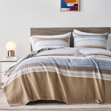 Full/Queen Quilt Bedding Set, White Grey and Khaki Patchwork Striped Quilt Set,