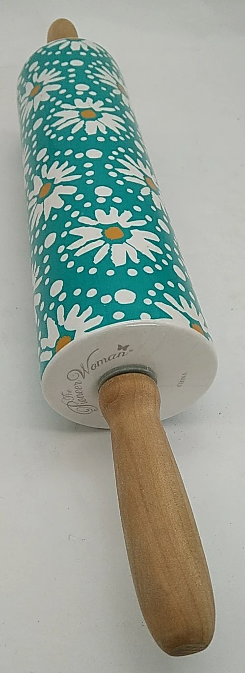Pioneer Woman Rolling Pin Flea Market Daisy Floral Teal Stoneware Wood Handles