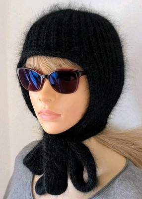 Knitted Angora Hood with ties, Knitted Angora Scarf-Bonnet, Knitted Wool hat