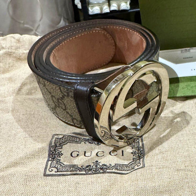 Gucci GG Supreme Adjustable Men's Belt Size 36 Beige/Brown Silver Buckle