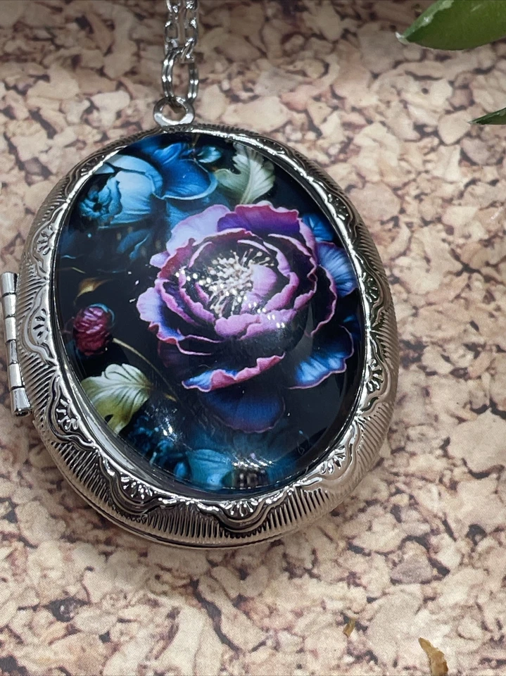 Medallón fotográfico plata recuerdo boda urna de ceniza medallón flor púrpura verde azulado collar Foto 3 de 4
