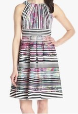 Nine West Sleeveless Black Striped Multi Color Fit & Flare Dress Size 6
