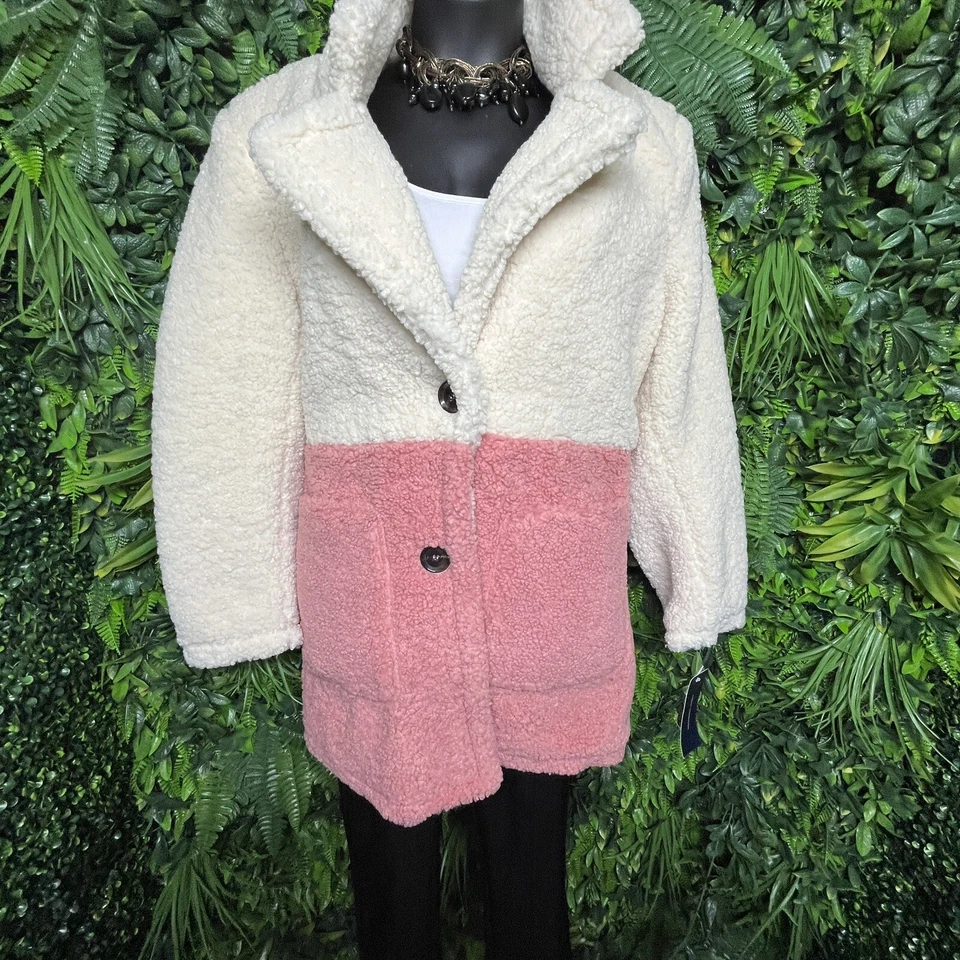 FRENCH CONNECTION куртка искусственного меха пальто женщин XL кремовый розовый плюшевый флис новый с Ярлыками - Изображение 4 из 4