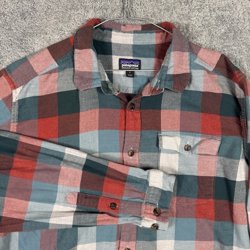 Patagonia Fjord Flannel Shirt Men L Orange Organic Plaid Buffalo Check Light