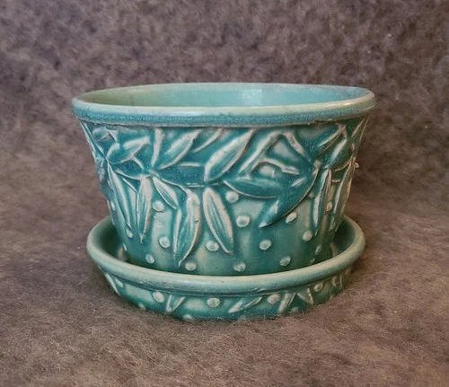 Vintage Turquoise McCoy Planter Hobnail and Leaves Design with Saucer
