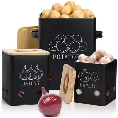 WUWEOT 3 Pack Vegetable Storage Tins, Potato Onion Garlic Black