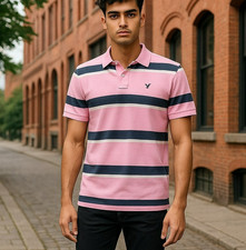 American Eagle Mens Medium Pink Striped Classic Fit Short Sleeve Polo Shirt Sz M