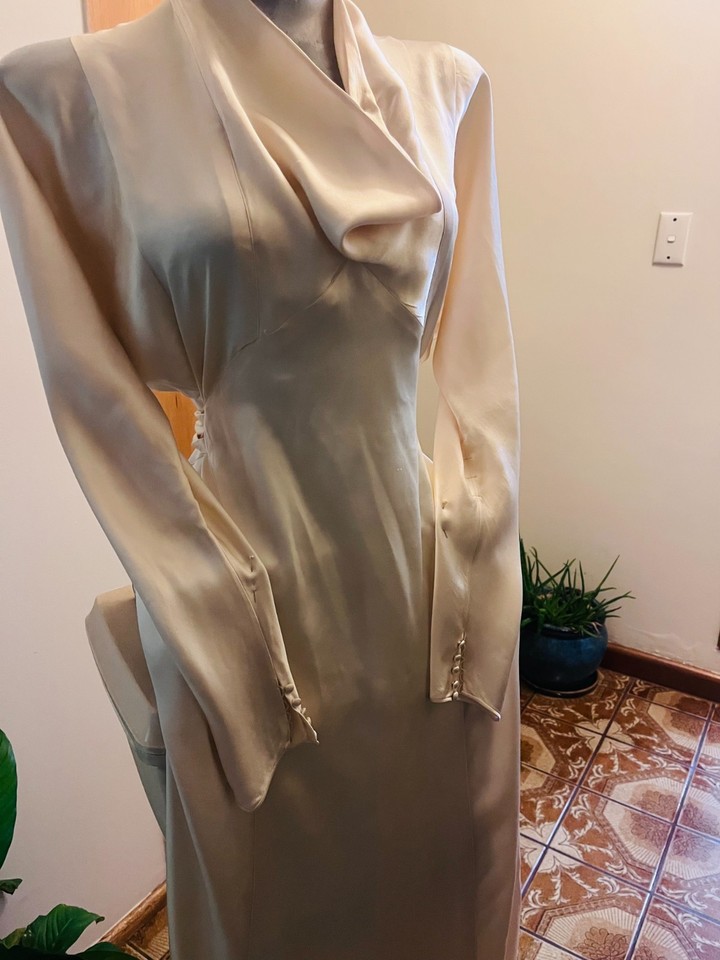 Vintage Silk Wedding Gown Draped Neck, Diamond Empire Line, Full Length sleeve