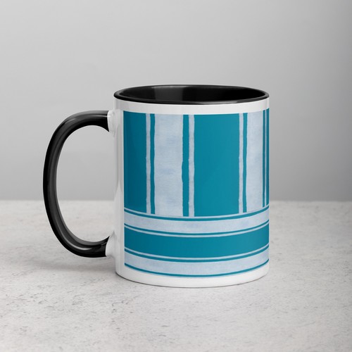 Tasse à café en céramique 11 oz blanc sarcelle rayé | Coupe de plage océan nautique côtier - Photo 10/30