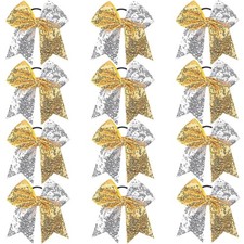 12PCS 7'''' Large Glitter Cheer Hair Bows Ponytail Holder Elastic Band Handmade