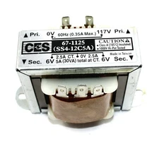117VAC - 12VAC, 5A, CT Transformer, Solder Lug/Push-on Terminals,Rated @ 105ºC