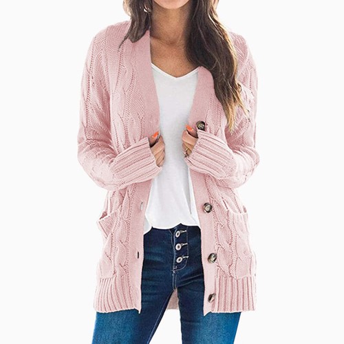 Womens Button Open Front Cardigan Jacket Long Sleeve Chunky Knitted Sweater Coat - Picture 12 of 19