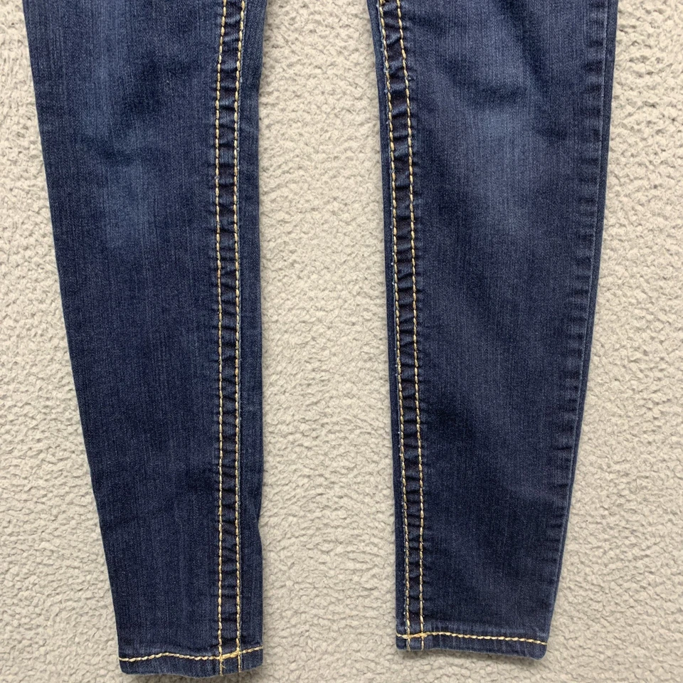 银色牛仔裤青少年尺寸 27x31 厚金色拼接 5 口袋宝石装饰 — 第 3/4 张图片