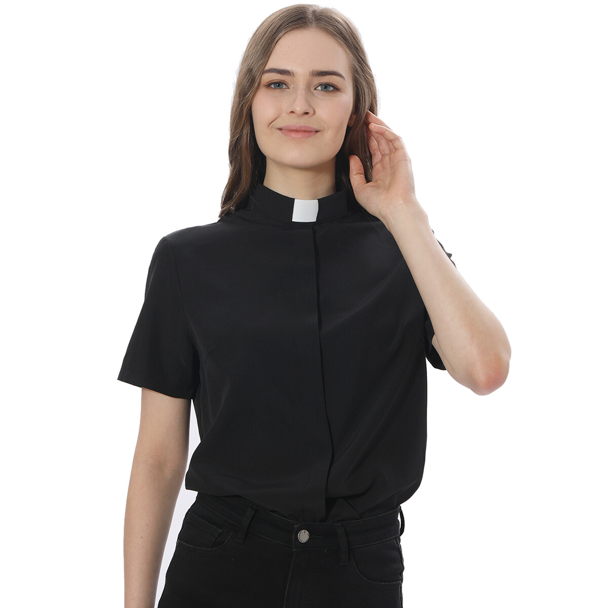 black short sleeve blouse with collar