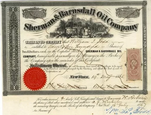 1865 Sherman & Barnsdall Oil Co Stock Certificate
