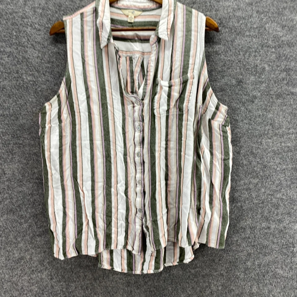 Camisa sin marca para mujer 1X Plus blanca a rayas con cuello abotonado sin mangas informal Foto 4 de 4