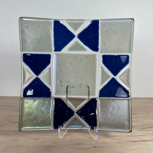 Fused Dichroic Art Glass Trinket Dish Curved Bowl Square Iridescent VTG 7" Blue - Picture 3 of 8