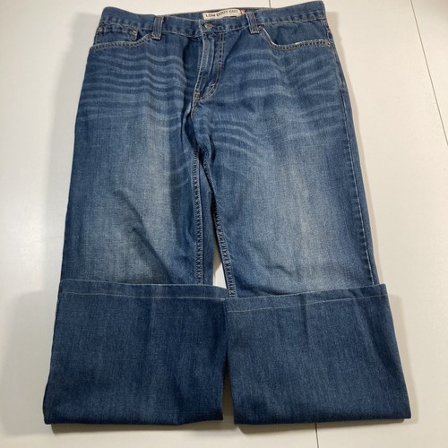 Levi's 527 Jeans 36x28 Low Bootcut blau mittlere Waschung verblassende Schnurrhaare (Etikett 36x30)