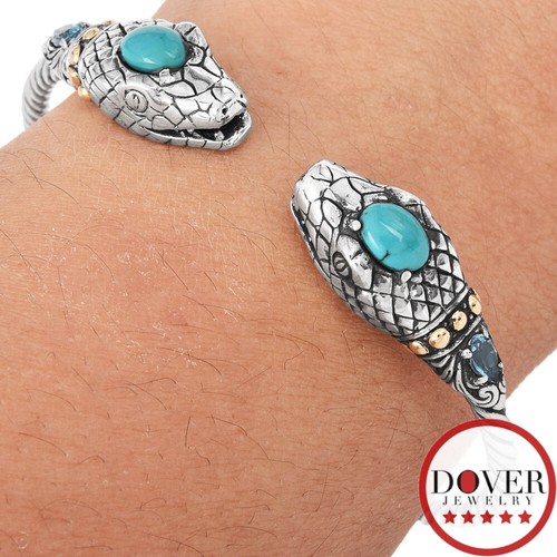 Estate Turquoise Topaz Sterling Silver 18K Gold Snake Cuff Bracelet 16.6Gr NR