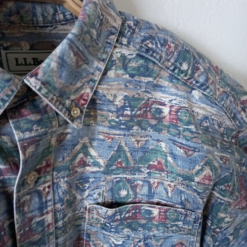 VTG L.L.Bean Mens Shacket Shirt L Tall Denim Aztec Boho Tribal Sedona Taos USA - Picture 6 of 23