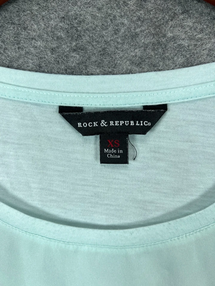 Camisa Top Blusa Manga Corta Rock & Republic Mujer XS Azul Alas Estrás Foto 4 de 4