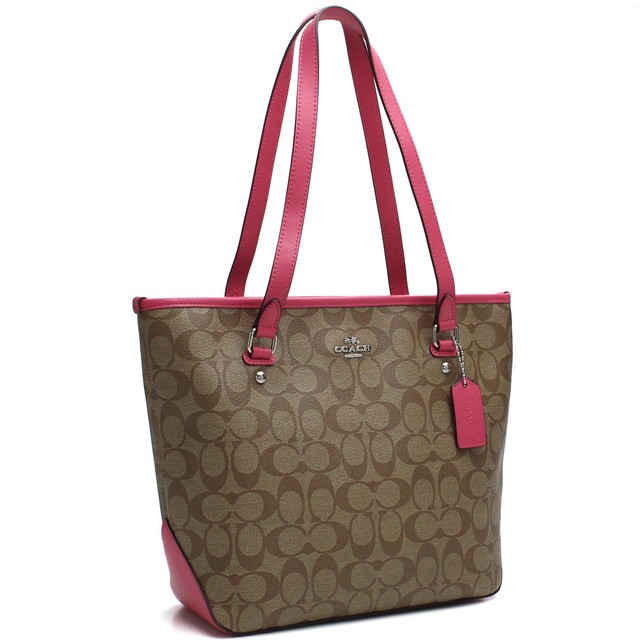 Coach F58294 Zip Top Tote In Signature Handbag Purse Khaki Magenta Coach F58294 Zip Top Tote In Signature Handbag Purse Khaki Magenta