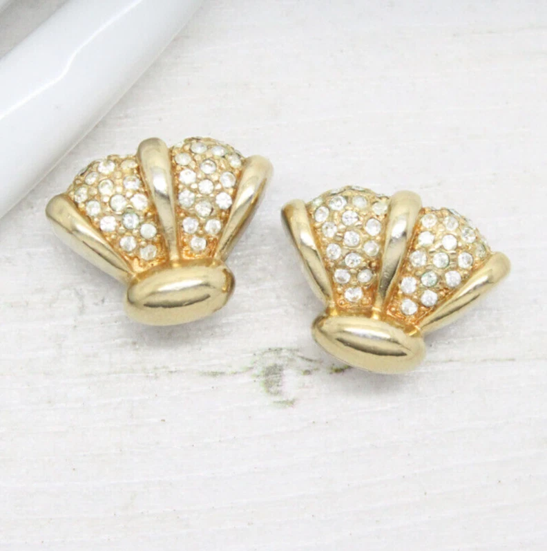 BOUCLES D'OREILLES clips vintage signées Grosse Dior cristal Swarovski éventail doré bijou