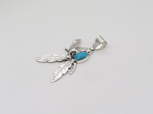 Navajo Handmade Sterling Silver & Turquoise Eagle and Feather Pendant - Picture 3 of 7