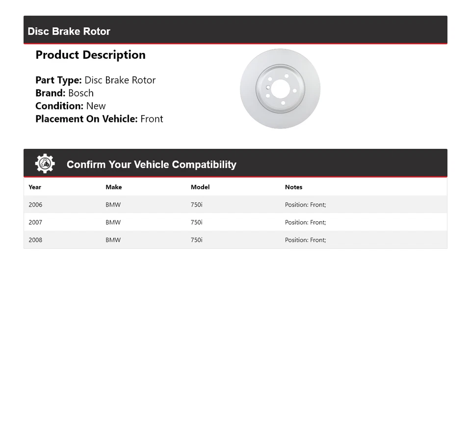For 2006-2008 BMW 750i Bosch QuietCast Disc Brake Rotor Front 2007 - Image 2 of 4
