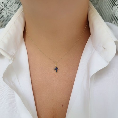 14K Solid Yellow Dark Blue Enamel Gold Cross Pendant Crucifix.Christian Pendant. - Picture 2 of 7