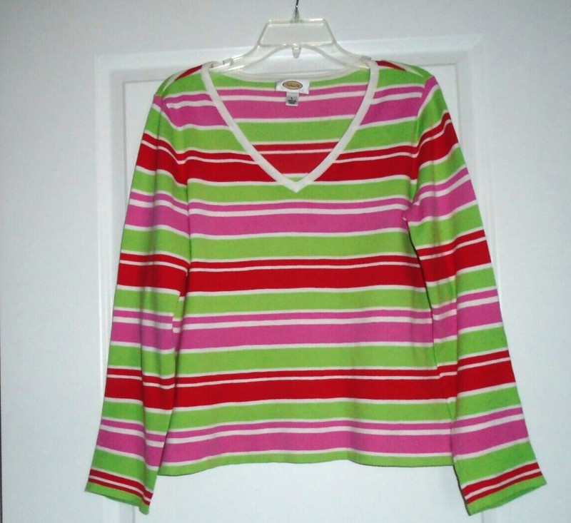 Talbots Multicolor Horizontal Striping Cotton Blend V-Neck Top Size Large!