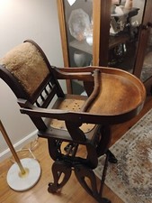 Antique Victorian Wooden Convertible Combination Baby High Chair Stroller, 38"