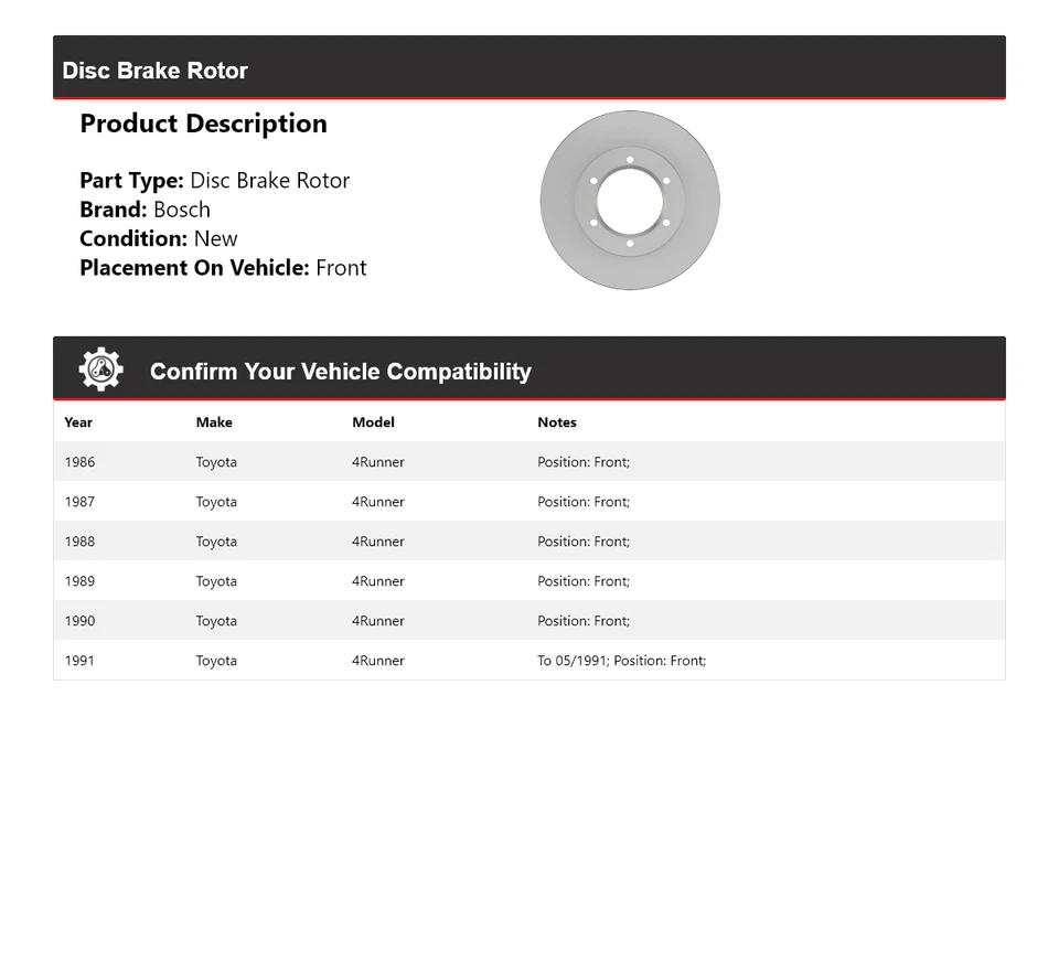 Для 1986-1991 Toyota 4Runner Bosch тихий литой дисковый тормоз ротор передний 1987 1988 - Изображение 2 из 4