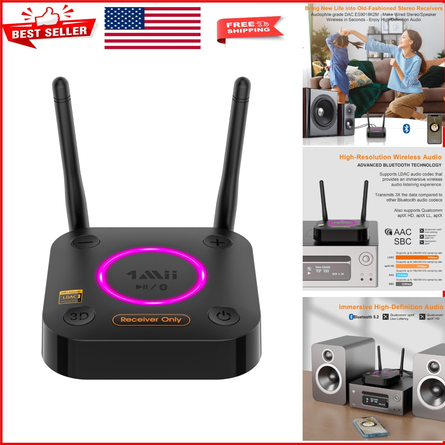 HiFi Wireless Audio Adapter w/Audiophile DAC & 3D Surround Sound Playback