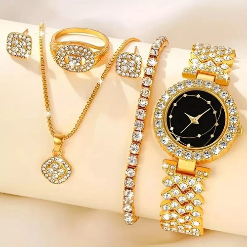 6-Piece Elegant Women's Quartz Wrist Watch Set with Simple Round Alloy Case, Rhi - Afbeelding 1 van 7
