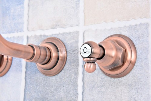 Red Copper Widespread Bathroom Sink Faucet Basin Wall Mounted 3 Holes Mixer Tap - Picture 7 of 9