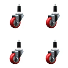 3 Inch Red Poly Wheel Swivel 1-3/8 Inch Expanding Stem Caster Set SCC
